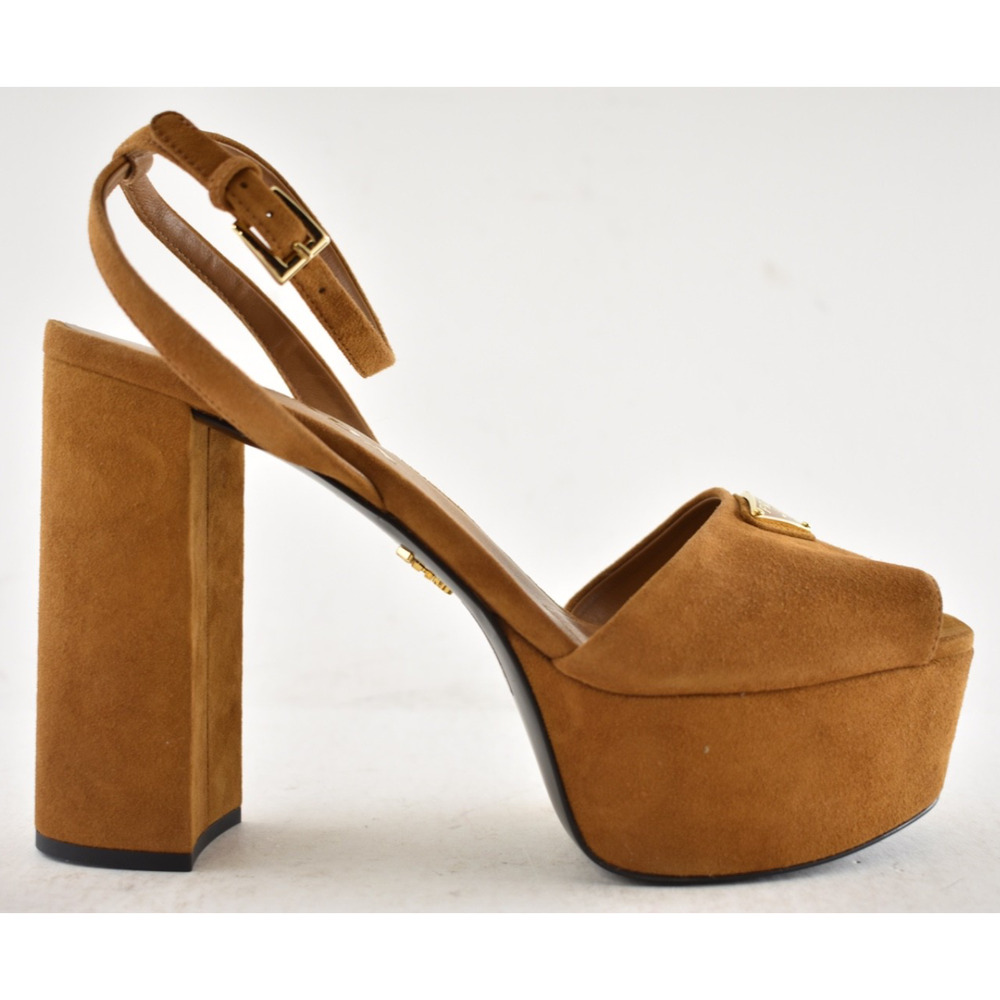 Prada 115mm Cognac Brown Suede Platform Sandal Ankle Strap Block Heel Pump 38.5 - Picture 2 of 16